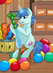 Size: 1440x1980 | Tagged: safe, artist:itstaylor-made, party favor, pony, unicorn, g4, backwards cutie mark, balloon, balloon animal, belly button, concentrating, glowing, glowing horn, horn, magic, male, party, sitting, solo, stallion, that pony sure does love balloons, tongue out