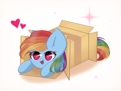 Size: 2250x1700 | Tagged: safe, artist:miryelis, rainbow dash, pegasus, pony, g4, box, cute, dashabetes, female, floating heart, heart, mare, meme, open mouth, open smile, ponies sliding into a box, pony in a box, smiling, solo
