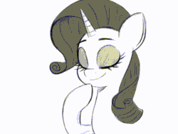Size: 560x420 | Tagged: safe, artist:fanzeem, rarity, pony, unicorn, g5, my little pony: a new generation, animated, bedroom eyes, bust, evil rarity, female, gif, grayscale, mare, monochrome, open mouth, portrait, possessed, sharp teeth, smiling, solo, sproutity, teeth