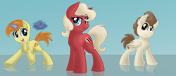 Size: 1900x817 | Tagged: safe, artist:itstaylor-made, pound cake, pumpkin cake, oc, oc:red velvet, earth pony, pegasus, pony, g4, cookie, female, food, glowing, glowing horn, horn, magic, male, older, telekinesis, trio