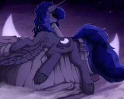 Size: 2000x1600 | Tagged: safe, artist:blackkaries, princess luna, alicorn, pony, g4, bed, bedroom eyes, butt, dream, featureless crotch, female, frog (hoof), looking at you, looking back, looking back at you, mare, messy mane, missing accessory, moon, moonbutt, night, on bed, plot, raised tail, rear view, solo, spread legs, spread wings, spreading, tail, underhoof, wings