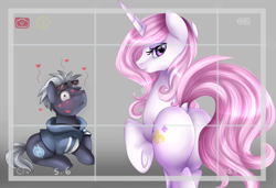 Size: 1884x1290 | Tagged: safe, artist:pridark, fleur-de-lis, oc, oc:beat, earth pony, pony, unicorn, g4, blushing, butt, camera shot, commission, duo, embarrassed, female, heart, kiss mark, kissing, lipstick, looking at you, looking back, mare, plot, silly, sunglasses, underhoof