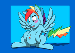 Size: 1239x885 | Tagged: safe, artist:mickeymonster, rainbow dash, pegasus, pony, g4, belly button, belly piercing, bellyring, blushing, commission, commissioner:navelcolt, male, piercing, rainbow blitz, rule 63, solo