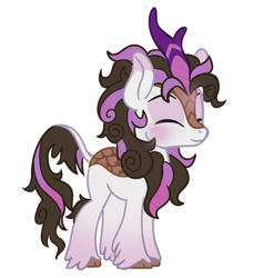 Size: 1028x1080 | Tagged: safe, artist:batxic, oc, oc only, kirin, blushing, brown mane, cloven hooves, cute, daaaaaaaaaaaw, eyes closed, happy, kirin oc, leonine tail, male, ocbetes, ponysona, purple mane, scales, simple background, smiling, solo, tail, two toned mane, unshorn fetlocks, white background