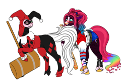 Size: 2099x1359 | Tagged: safe, artist:malinraf1615, oc, oc only, oc:painted lilly, oc:strawberry quinn, earth pony, pony, alternate hairstyle, baseball bat, bedroom eyes, belt, bisexual pride flag, blushing, boots, bracelet, clothes, cosplay, costume, dc comics, duo, ear piercing, earring, eyeshadow, female, fishnets, freckles, gloves, hammer, harley quinn, jester, jewelry, lesbian, lipstick, makeup, mallet, mare, markings, mask, multicolored hair, nonbinary, nonbinary pride flag, nose piercing, nose ring, oc x oc, piercing, pride, pride flag, raised hoof, seduction, shipping, shirt, shoes, shorts, simple background, t-shirt, tail, tail seduce, tattoo, torn clothes, transparent background, wristband