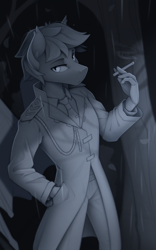 Size: 1500x2400 | Tagged: safe, artist:yakovlev-vad, oc, oc only, bat pony, anthro, cigarette, clothes, coat, hand in pocket, lidded eyes, looking at you, monochrome, necktie, patreon, patreon reward, rain, smoking, solo, tree