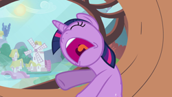 Size: 1920x1080 | Tagged: safe, screencap, twilight sparkle, pony, unicorn, g4, lesson zero, season 2, faic, female, golden oaks library, mare, mawshot, nose in the air, open mouth, ponyville, solo, sun, twilight sparkle is best facemaker, unicorn twilight, uvula, volumetric mouth, windmill