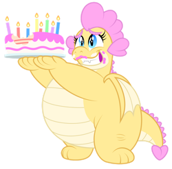Size: 1280x1265 | Tagged: safe, artist:aleximusprime, oc, oc only, oc:buttercream, oc:buttercream the dragon, dragon, flurry heart's story, birthday cake, cake, cake icing, candle, cute, dragon oc, fat, food, nervous, simple background, solo, transparent background