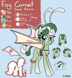 Size: 1700x1850 | Tagged: safe, artist:litrojia, oc, oc only, oc:fog current, breezie, amputee, artificial wings, augmented, breezie oc, female, freckles, gradient hooves, looking at you, peg leg, prosthetic leg, prosthetic limb, prosthetics, reference sheet, smiling, wings