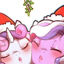 Size: 1159x1159 | Tagged: safe, artist:cold-blooded-twilight, diamond tiara, sweetie belle, pony, g4, blushing, cheek squish, cheek to cheek, christmas, close-up, eyes closed, female, hat, holiday, kissy face, mistletoe, santa hat, simple background, squishy cheeks, transparent background