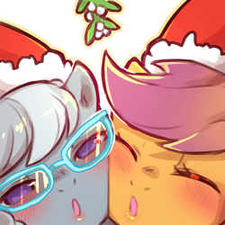 Size: 1159x1159 | Tagged: safe, artist:cold-blooded-twilight, scootaloo, silver spoon, pony, g4, blushing, cheek squish, cheek to cheek, christmas, close-up, eyes closed, female, glasses, hat, holiday, kissy face, looking at you, mistletoe, santa hat, squishy cheeks