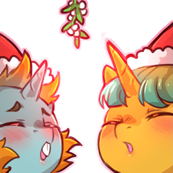 Size: 1159x1159 | Tagged: safe, artist:cold-blooded-twilight, snails, snips, pony, g4, blushing, bucktooth, bushy brows, christmas, duo, eyes closed, hat, holiday, kissy face, male, mistletoe, santa hat, simple background, transparent background