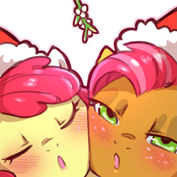 Size: 1159x1159 | Tagged: safe, artist:cold-blooded-twilight, apple bloom, babs seed, earth pony, pony, g4, bedroom eyes, blushing, cheek to cheek, christmas, duo, eyes closed, female, freckles, hat, holiday, kissy face, looking at you, mistletoe, santa hat, simple background, transparent background