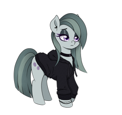 Size: 1400x1315 | Tagged: safe, alternate version, artist:ravenirik, marble pie, earth pony, pony, g4, alone, choker, clothes, ear piercing, earring, emo, eyeshadow, female, frown, hoodie, jewelry, makeup, mare, piercing, simple background, solo, transparent background
