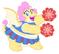 Size: 1280x1179 | Tagged: safe, artist:aleximusprime, oc, oc only, oc:buttercream, oc:buttercream the dragon, dragon, flurry heart's story, adorafatty, cheerleader, cheerleader outfit, cheerleading, clothes, cute, cute little fangs, dragon oc, dragoness, fangs, fat, female, happy, ocbetes, open mouth, open smile, pom pom, simple background, skirt, smiling, tank top, transparent background