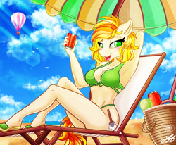 Size: 2250x1850 | Tagged: safe, artist:stainedglasslighthea, oc, oc only, oc:cleanup totally, earth pony, anthro, plantigrade anthro, anthro oc, beach, beach chair, beach umbrella, bikini, breasts, busty oc, chair, clothes, commission, drink, earth pony oc, feet, female, hot air balloon, looking at you, open mouth, open smile, sand, sandals, smiling, solo, summer, swimsuit, ych result