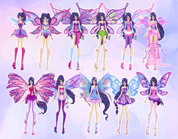 Size: 1280x996 | Tagged: safe, artist:ariel-luwer, sci-twi, twilight sparkle, fairy, human, equestria girls, g4, alternate hairstyle, bare shoulders, barefoot, believix, bloomix, blue wings, boots, butterflix, clothes, colored wings, crossover, dress, enchantix, fairy wings, fairyized, feet, fingerless gloves, fins, flower, flower in hair, glasses, gloves, gradient wings, hairstyle, harmonix, high heel boots, high heels, long gloves, lovix, magic wand, magic winx, mythix, pink wings, purple wings, shoes, sirenix, sophix, sparkly wings, strapless, tynix, wings, winx, winx club, winxified