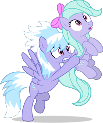 Size: 4988x5970 | Tagged: safe, artist:starcollider, cloudchaser, flitter, pegasus, pony, g4, .svg available, absurd resolution, bow, carrying, duo, duo female, female, folded wings, gritted teeth, hair bow, holding a pony, hoof hold, looking up, mare, open mouth, siblings, simple background, sisters, spread wings, transparent background, vector, wings
