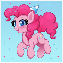 Size: 4000x4000 | Tagged: safe, artist:confetticakez, pinkie pie, earth pony, pony, g4, blushing, colored pupils, cute, diapinkes, female, food, hat, heart, heart eyes, mare, open mouth, party hat, solo, sprinkles, wingding eyes