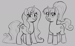Size: 2382x1462 | Tagged: safe, artist:heretichesh, oc, oc only, oc:zew, oc:zippi, pony, unicorn, bedroom eyes, duo, eye clipping through hair, female, gray background, grayscale, grin, horn, looking at you, mare, monochrome, older, simple background, smiling, smiling at you, unicorn oc