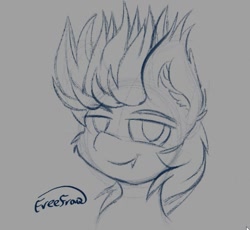 Size: 727x668 | Tagged: safe, artist:freefraq, oc, oc only, oc:devin, bat pony, pony, art, bust, fangs, looking at you, male, mane, portrait, sketch, smiling, smug, solo, spiky mane, watermark
