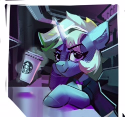 Size: 3000x2814 | Tagged: safe, artist:annna markarova, oc, oc only, pony, unicorn, bowtie, coffee, high res, looking at you, smiling, smirk, solo, starbucks