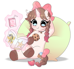 Size: 1035x963 | Tagged: safe, artist:arwencuack, oc, oc only, unicorn, semi-anthro, arm hooves, book, bow, braid, commission, cookie, food, hair bow, juice, juice box, simple background, solo, tail, tail bow, transparent background