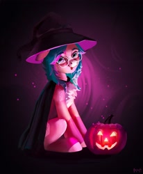 Size: 3000x3633 | Tagged: safe, artist:annna markarova, oc, oc only, pony, cape, chest fluff, clothes, floppy ears, glasses, halloween, hat, high res, holiday, jack-o-lantern, looking at you, pumpkin, smiling, solo, tongue out, witch hat