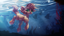 Size: 3000x1688 | Tagged: safe, artist:theprince, oc, oc only, earth pony, fish, pony, bubble, commission, crepuscular rays, flowing mane, flowing tail, green eyes, high res, holding breath, looking at you, ocean, puffy cheeks, seaweed, signature, solo, sunlight, swimming, tail, underwater, water