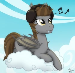 Size: 640x621 | Tagged: safe, artist:whitequartztheartist, oc, oc only, oc:devin, bat pony, pony, chest fluff, cloud, cute, day, fangs, folded wings, headphones, looking at something, lying down, male, music notes, on a cloud, outdoors, prone, signature, sky, smiling, stallion, wings