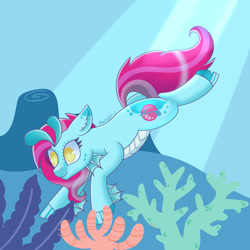 Size: 1280x1280 | Tagged: safe, artist:starlight-j, oc, oc only, hybrid, merpony, bubble, cloven hooves, coral, crepuscular rays, ear fluff, female, fins, ocean, pink mane, pink tail, scales, smiling, solo, sunlight, swimming, tail, underwater, water, yellow eyes