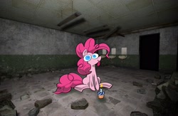Size: 3000x1954 | Tagged: safe, artist:swagstapiece, pinkie pie, earth pony, pony, g4, candle, cupcake, female, fire, food, looking at you, mare, rock, sink, sitting, solo, tongue out