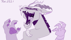 Size: 1920x1080 | Tagged: safe, artist:beefgummies, discord, draconequus, g4, 2021, antlers, beard, emanata, evil laugh, eyes closed, facial hair, fangs, laughing, male, maniacal laugh, monochrome, paw pads, paws, purple background, simple background, solo, talons