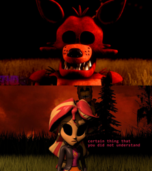 Size: 1920x2160 | Tagged: safe, artist:fazbearsparkle, edit, edited screencap, screencap, sunset shimmer, equestria girls, g4, 3d, black sclera, blank eyes, comparison, crossover, five nights at freddy's, foxy, golden freddy, source filmmaker, the chief (animatronic), the special strike, the special strike rebellion, thehottest dog