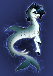 Size: 1259x1801 | Tagged: safe, artist:xxmysticaldreamsxx, oc, oc only, hybrid, merpony, original species, seapony (g4), shark, shark pony, blue background, blue mane, colored pupils, dorsal fin, fangs, fish tail, flowing tail, gills, gray eyes, lidded eyes, simple background, smiling, solo, tail, teeth, underwater, water