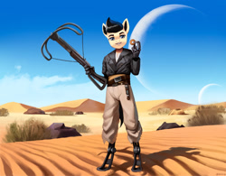 Size: 2750x2149 | Tagged: safe, artist:mrscroup, oc, oc only, oc:lancer, anthro, amputee, crossbow, cybernetic legs, desert, high res, kenshi, prosthetic limb, prosthetics, solo