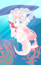 Size: 1024x1639 | Tagged: safe, artist:taligintou, oc, oc only, merpony, seapony (g4), blue eyes, coral, female, fish tail, flowing mane, flowing tail, looking at you, mermaid tail, mermay, ocean, pink mane, ribbon, smiling, solo, sunlight, tail, underwater, water, wingding eyes