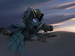 Size: 2732x2048 | Tagged: safe, artist:blue ink, oc, oc only, oc:wind swing, pegasus, pony, bayonet, blue eyes, clothes, frog (hoof), full body, gun, high res, jacket, lying down, prone, rangefinder, sand, scope, scp foundation, solo, spread wings, underhoof, weapon, wings
