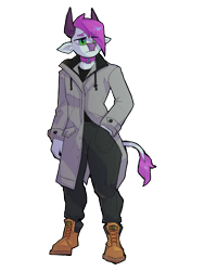 Size: 2736x3648 | Tagged: safe, artist:tass_the_bovine, oc, oc only, cat, caterpillar, cow, yak, anthro, unguligrade anthro, choker, clothes, collar, high res, male, simple background, solo, tass, transparent background, trenchcoat, yakponia, yakponian