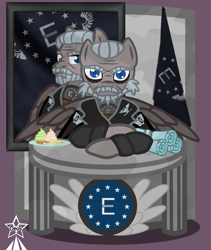 Size: 4245x5021 | Tagged: safe, artist:devorierdeos, oc, oc only, pegasus, pony, fallout equestria, beard, blue eyes, bust, clothes, colonel, cupcake, emblem, enclave, facial hair, flag, food, grand pegasus enclave, grey hair, hands folded, military, military uniform, moustache, officer, old pony, peanuts, pegasus oc, pillar, portrait, scroll, simple background, sitting, solo, stamp paper, table, uniform