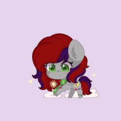 Size: 1080x1080 | Tagged: safe, artist:yomechka, oc, oc only, oc:evening prose, pegasus, pony, animated, blinking, chibi, christmas, christmas lights, clothes, female, freckles, gif, holiday, hoof hold, jewelry, mare, necklace, pearl necklace, scarf, simple background, snow, sparkler (firework)