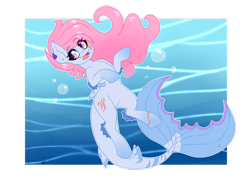 Size: 2828x2121 | Tagged: safe, artist:annakitsun3, oc, oc only, original species, shark, shark pony, blushing, bubble, female, fish tail, flowing mane, flowing tail, high res, ocean, open mouth, orange eyes, pink mane, simple background, smiling, solo, sunlight, tail, underwater, water