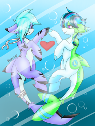 Size: 768x1024 | Tagged: safe, artist:midnightglow20, oc, oc only, original species, shark, shark pony, blue background, blue mane, bubble, commission, crepuscular rays, dorsal fin, fish tail, gills, heart, looking at each other, ocean, pink eyes, signature, simple background, smiling, sunlight, swimming, tail, underwater, water, ych result