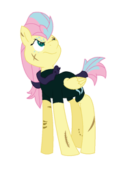 Size: 752x944 | Tagged: safe, artist:sunmint234, fluttershy, pegasus, pony, comic:the storm kingdom, g4, my little pony: the movie, alternate universe, angry, clothes, crystal, dress, guard, movie, outfit, simple background, solo, stripe, suit, timeline, unamused, white background