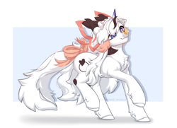 Size: 4000x2900 | Tagged: safe, artist:avroras_world, oc, oc only, butterfly, pony, unicorn, bow, butterfly on nose, commission, female, fluffy, full body, hair bow, high res, horn, insect on nose, mare, simple background, smiling, solo, tail, tail bow, unicorn oc
