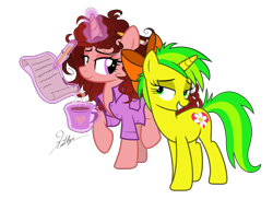 Size: 6000x4360 | Tagged: safe, artist:kaitykat117, oc, oc only, oc:flower love(kaitykat), oc:paige scribble(kaitykat), pony, unicorn, 2022 community collab, derpibooru community collaboration, g4, absurd resolution, base used, bow, clothes, couple, duo, duo female, eyelashes, female, full body, glowing, glowing horn, green eyes, hair bow, horn, lidded eyes, magic, mare, mug, pencil, pink eyes, show accurate, signature, simple background, standing, standing on two hooves, tail, telekinesis, transgender, transparent background, two toned mane, two toned tail, unicorn oc, vector