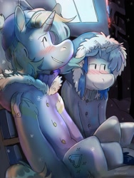 Size: 1500x2000 | Tagged: safe, artist:alexsvnn, oc, oc only, pony, unicorn, blushing, clothes, hoodie, snow, snowflake, winter