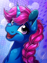 Size: 3000x4000 | Tagged: safe, artist:lupiarts, oc, oc only, oc:woodie, pony, unicorn, braid, bust, ear fluff, high res, horn, open mouth, open smile, smiling, solo, unicorn oc
