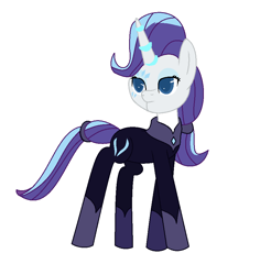 Size: 846x897 | Tagged: safe, artist:sunmint234, rarity, pony, unicorn, comic:the storm kingdom, g4, my little pony: the movie, alternate design, alternate timeline, alternate universe, blue, brainwashing, clothes, crystal, cutie mark, design, dress, eye, eyes, female, hair, horn, mouth, movie, outfit, purple, shoes, simple background, storm, suit, tail, thunder, unamused, white background