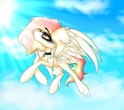 Size: 4500x4000 | Tagged: safe, artist:beamybutt, oc, oc only, pegasus, pony, ear fluff, flying, outdoors, pegasus oc, smiling, solo, wings